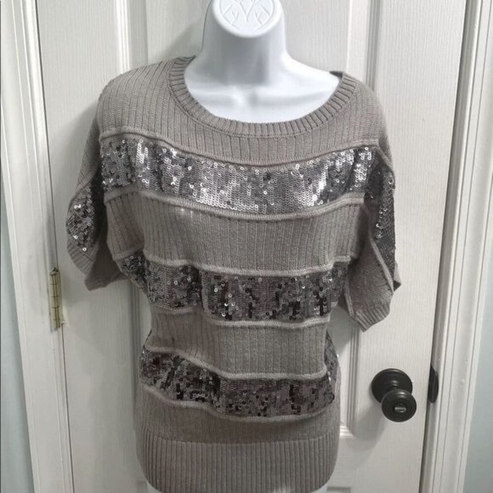 2b Bebe Sweater Medium Silver Sequin Stripes Y2K Revival Quiet Luxury Soft Glam